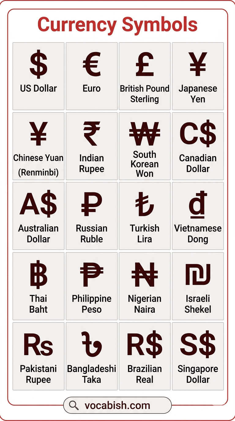 Currency Symbols With Names Learn Global Money Signs Vocabish