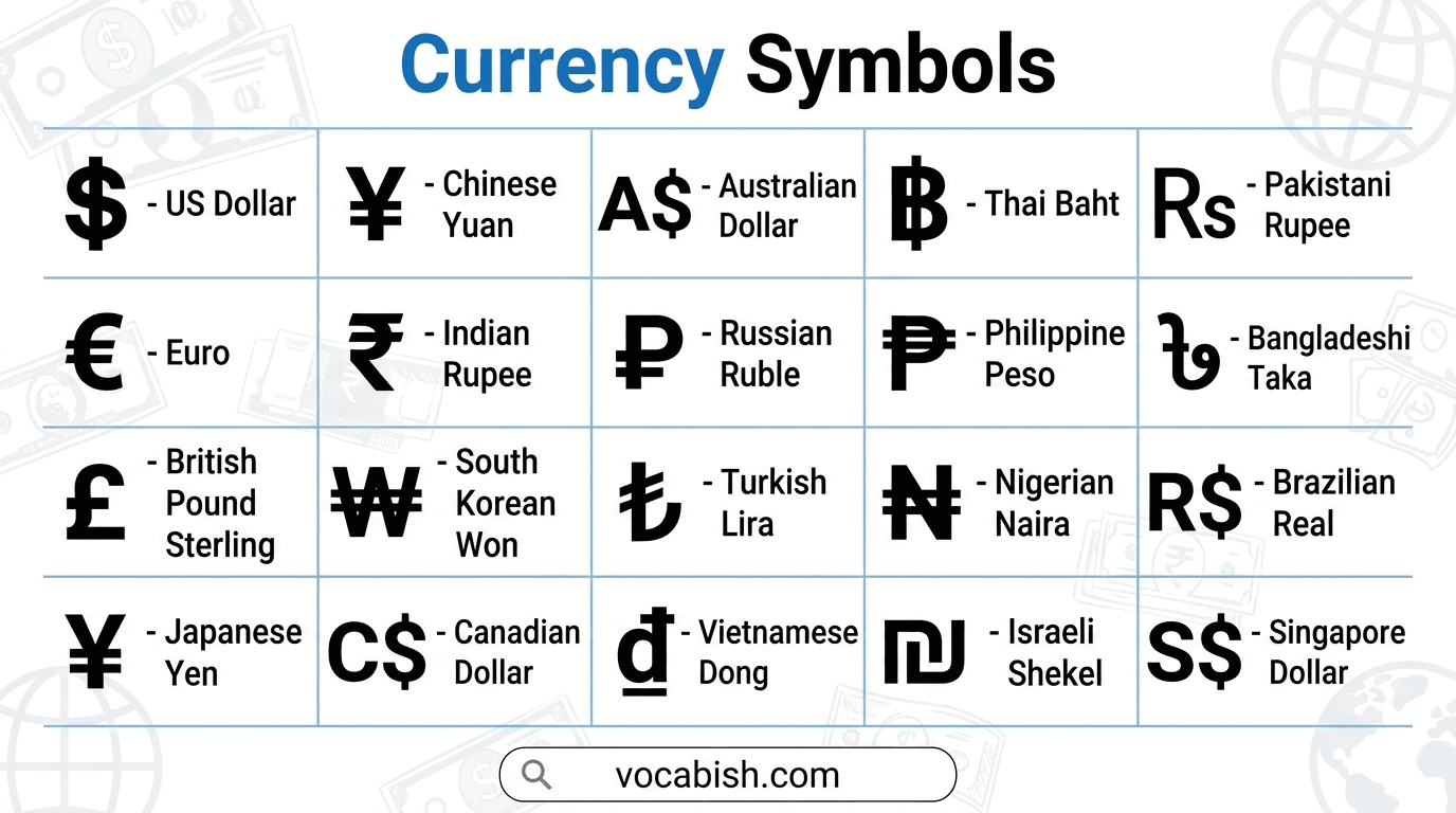Currency Symbols with Countries