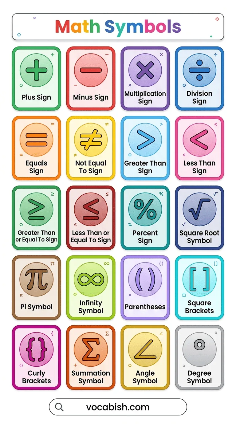 Math Symbols Names with Their Pictures and list of all mathematical symbols, including basic arithmetic, geometry, algebra, linear algebra, probability, statistics, set theory, logic, calculus, and numeral symbols.