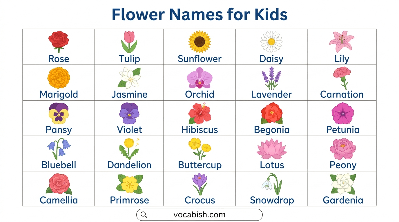 50 Flowers Name for Kids in English with Pictures