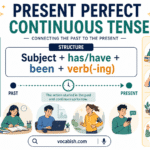 Present perfect continuous tense structure and uses explained with timeline diagram and examples of ongoing and recent actions in English
