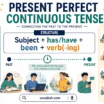 Present perfect continuous tense structure and uses explained with timeline diagram and examples of ongoing and recent actions in English