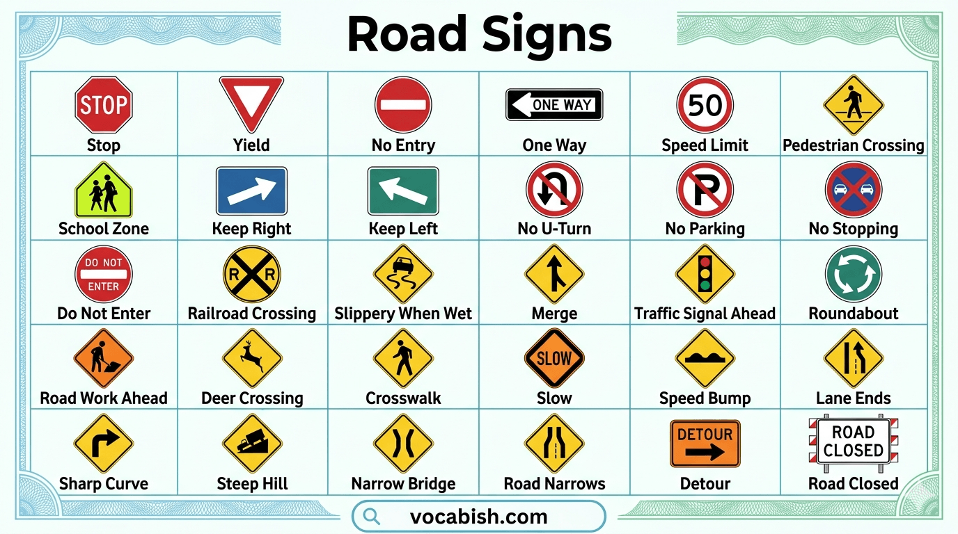 100+ Road Signs and Meanings in English with Their Pictures