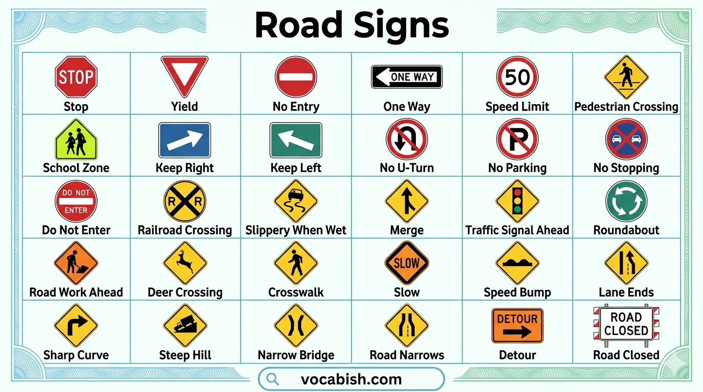 100+ Road Signs and Meanings in English with Their Pictures