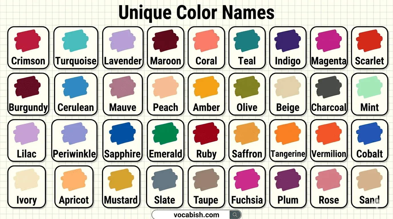 Unique Color Names in English with Their Chart
