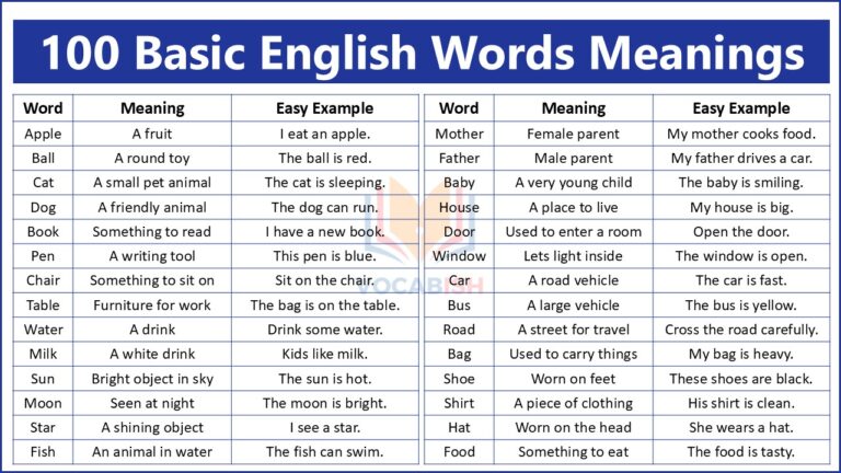 100 Basic English Words Meanings for Kids