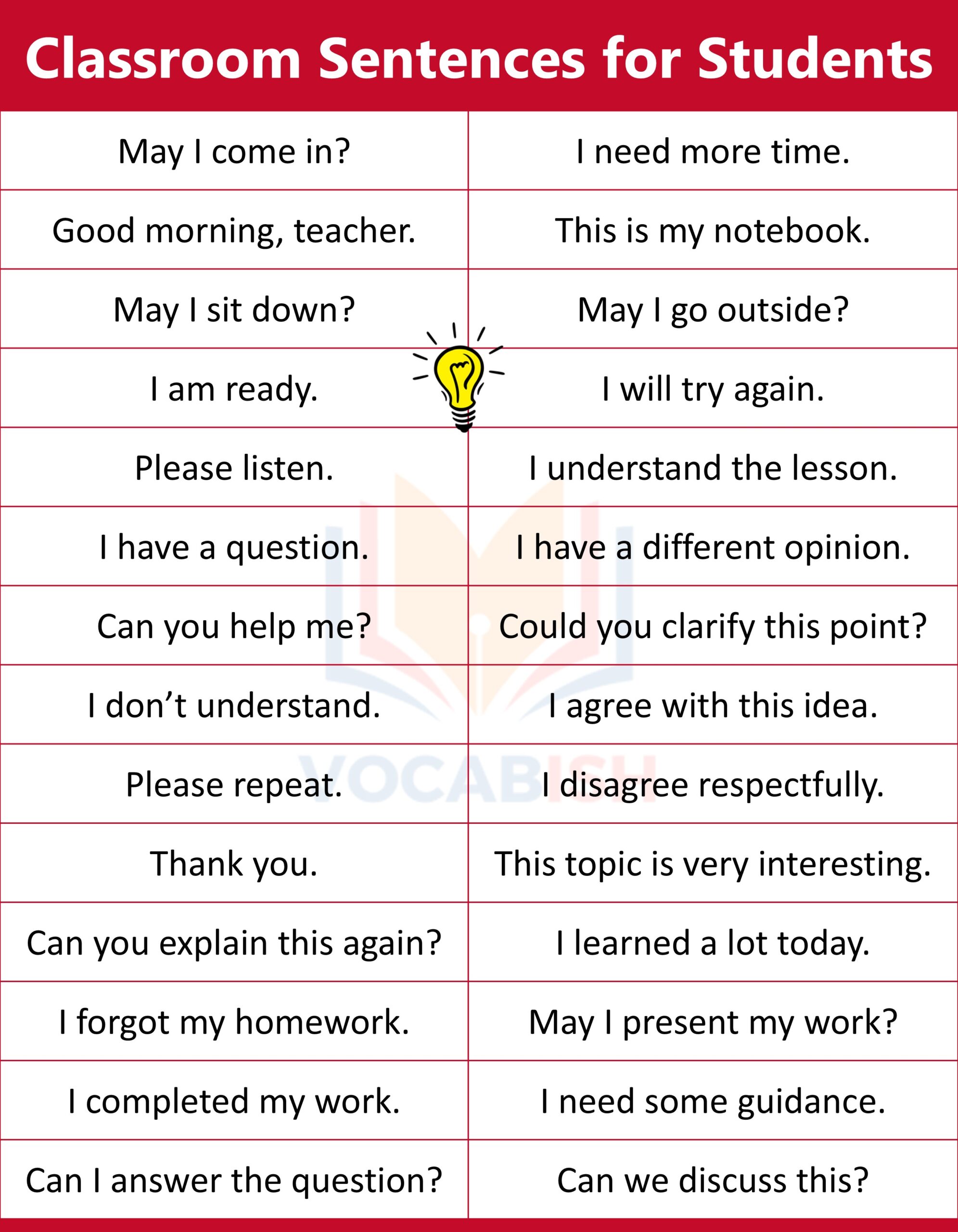 100 Classroom Sentences for Students