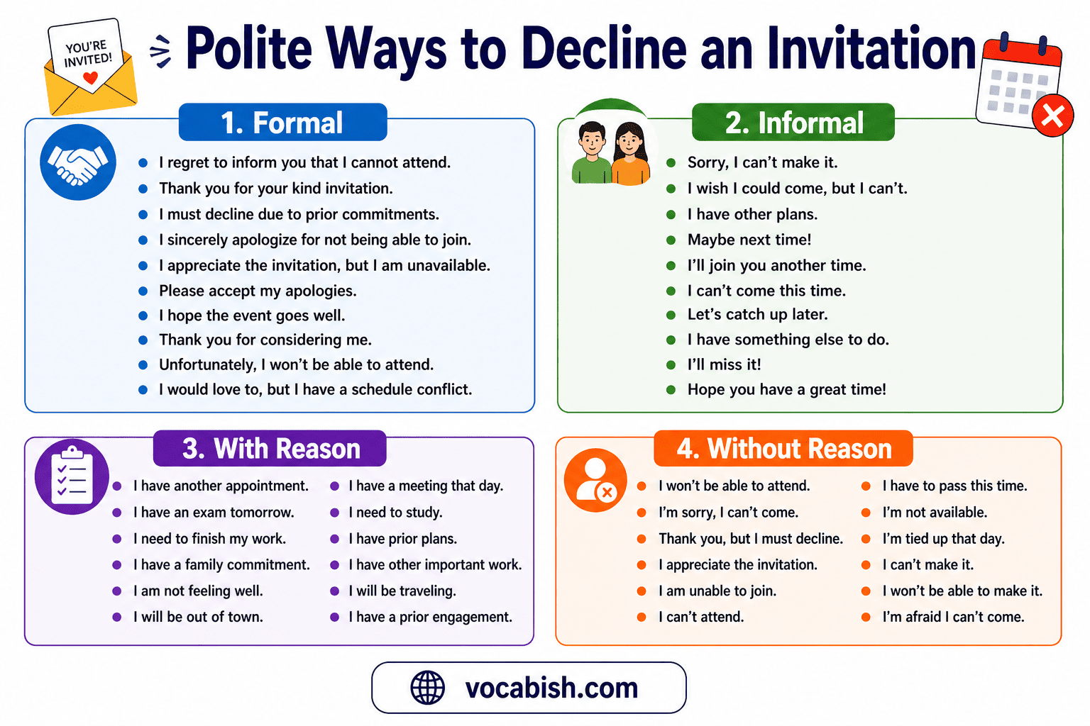 50 polite ways to decline an invitation in English