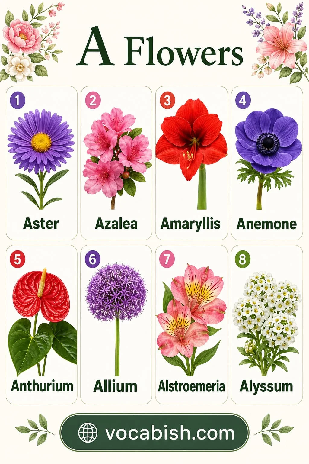 Different types of flowers starting with A including Aster, Azalea, Amaryllis, Anemone, Anthurium, Allium, Alstroemeria, and Alyssum