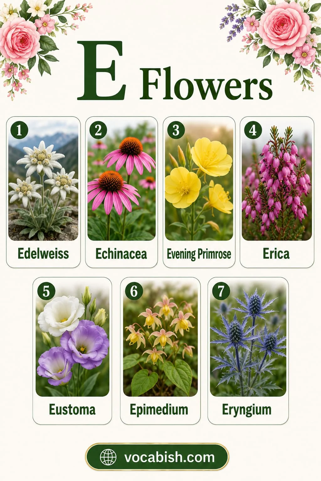 Garden flowers starting with E including Edelweiss, Echinacea, Evening Primrose, Erica, Eustoma, Epimedium, and Eryngium