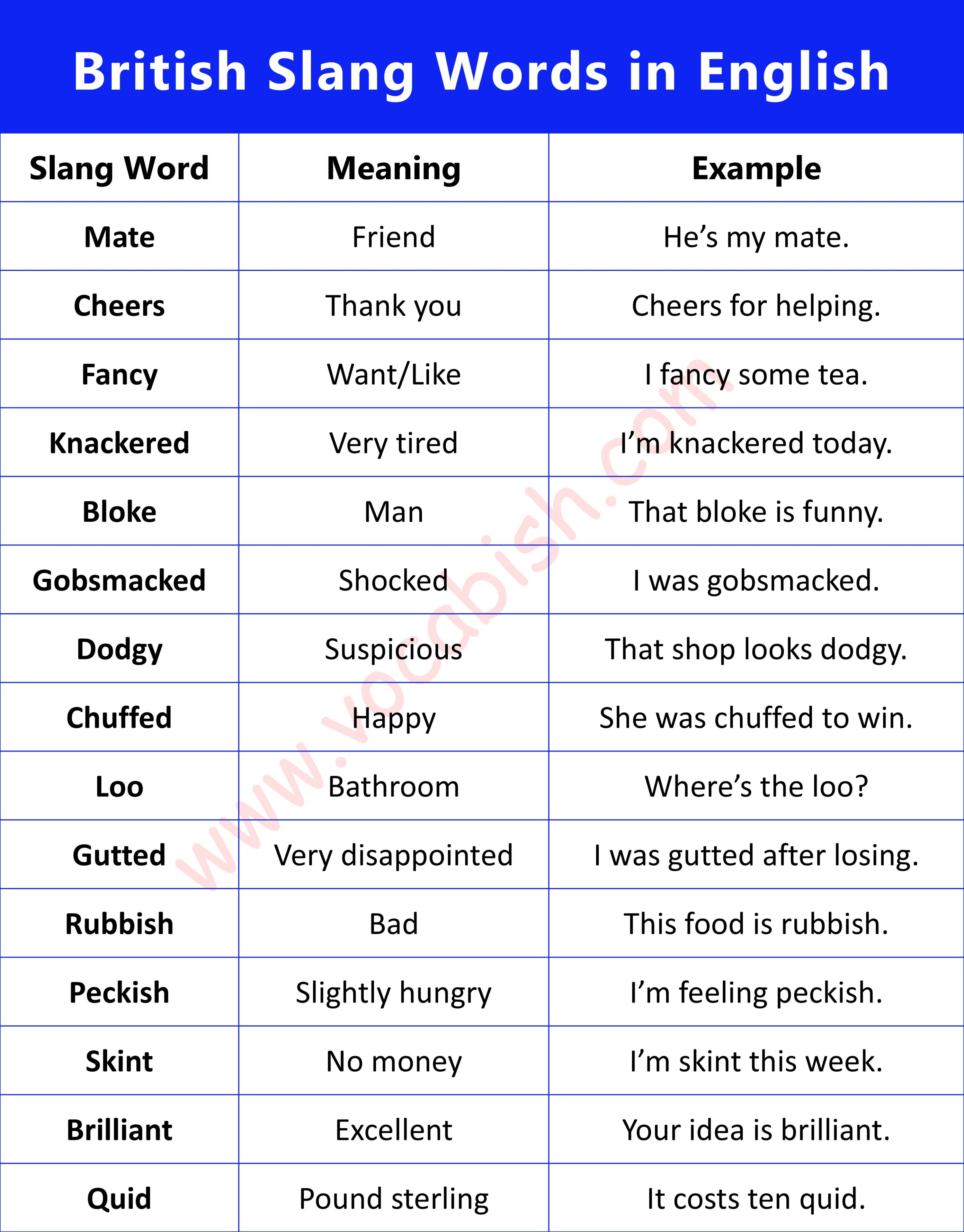 British slang words list with meanings in a colorful educational infographic layout.