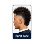 Burst fade hairstyle with rounded fading around the ears and curly hair styled at the top and back.