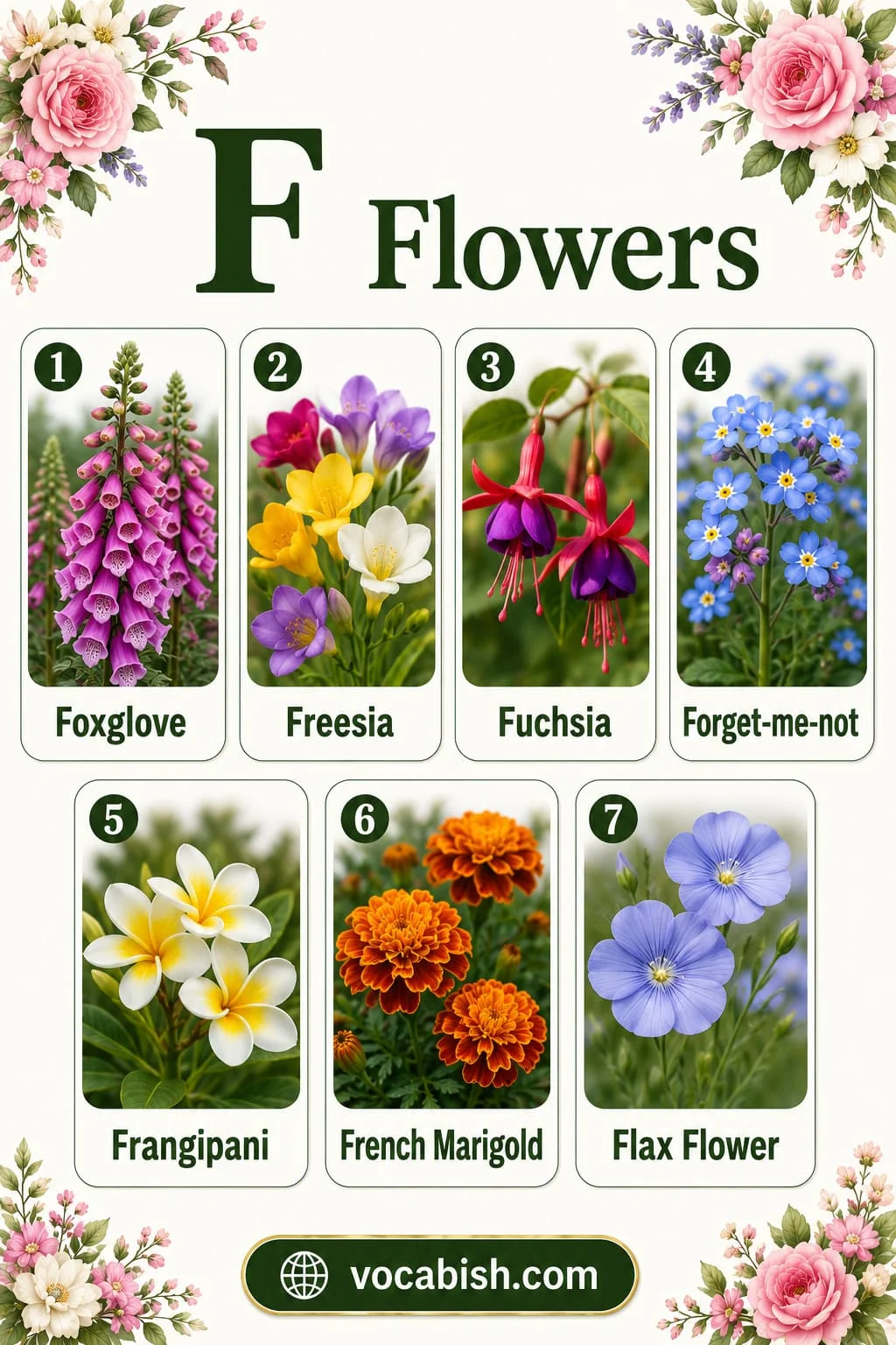 Flower list featuring flowers that start with F including Foxglove, Freesia, Fuchsia, Forget-me-not, Frangipani, French Marigold, and Flax Flower
