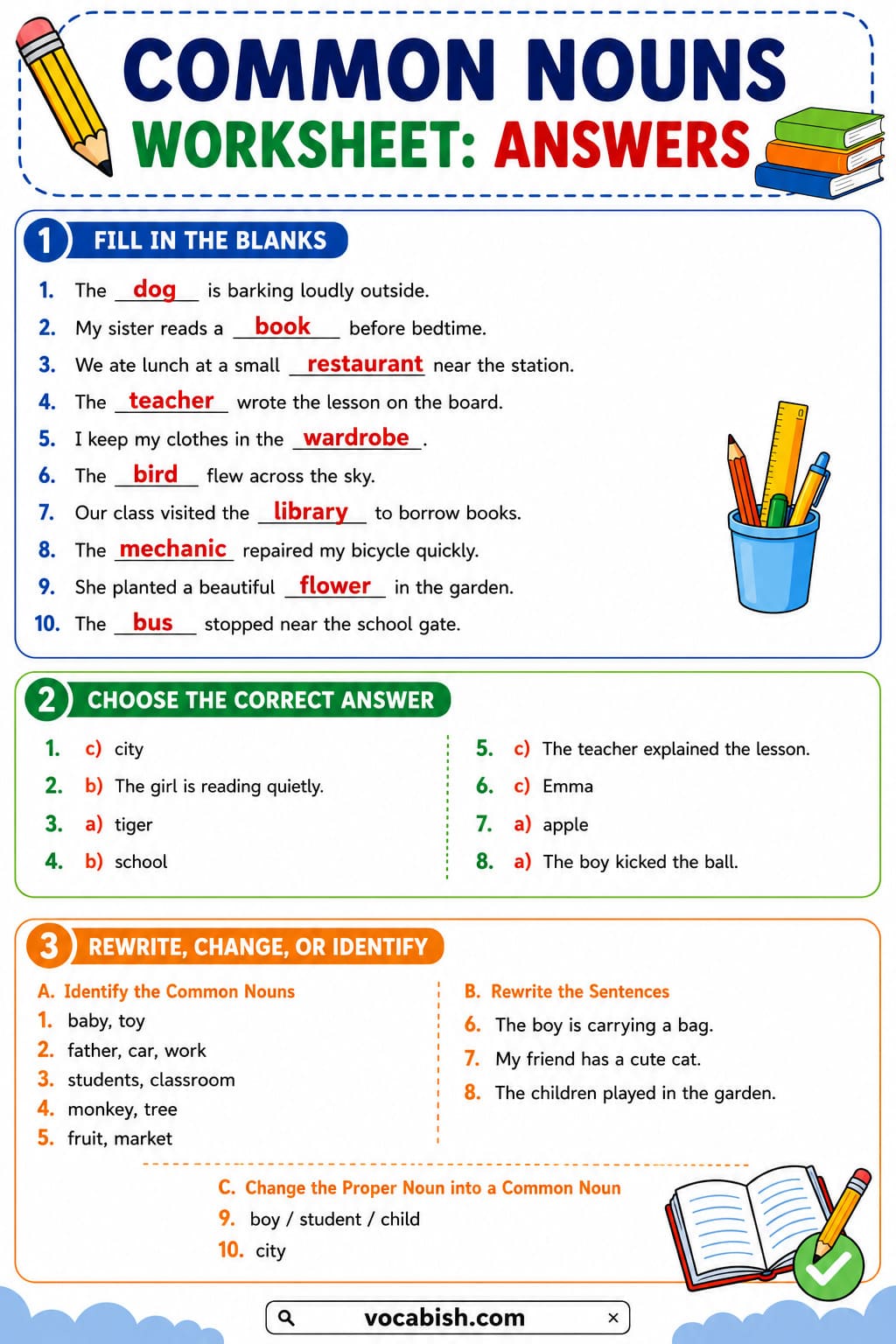 Common Nouns Worksheet with Answers