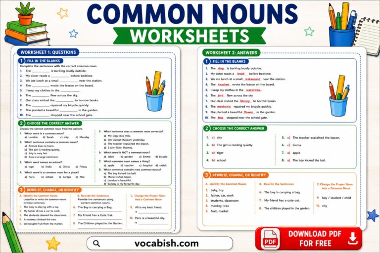 Common Nouns Worksheets and PDF