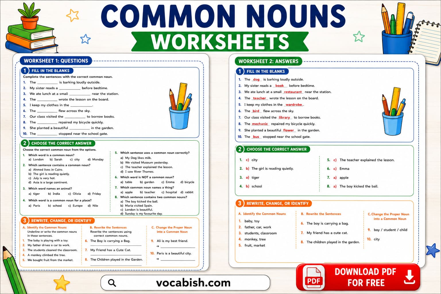 Common Nouns Worksheets and PDF