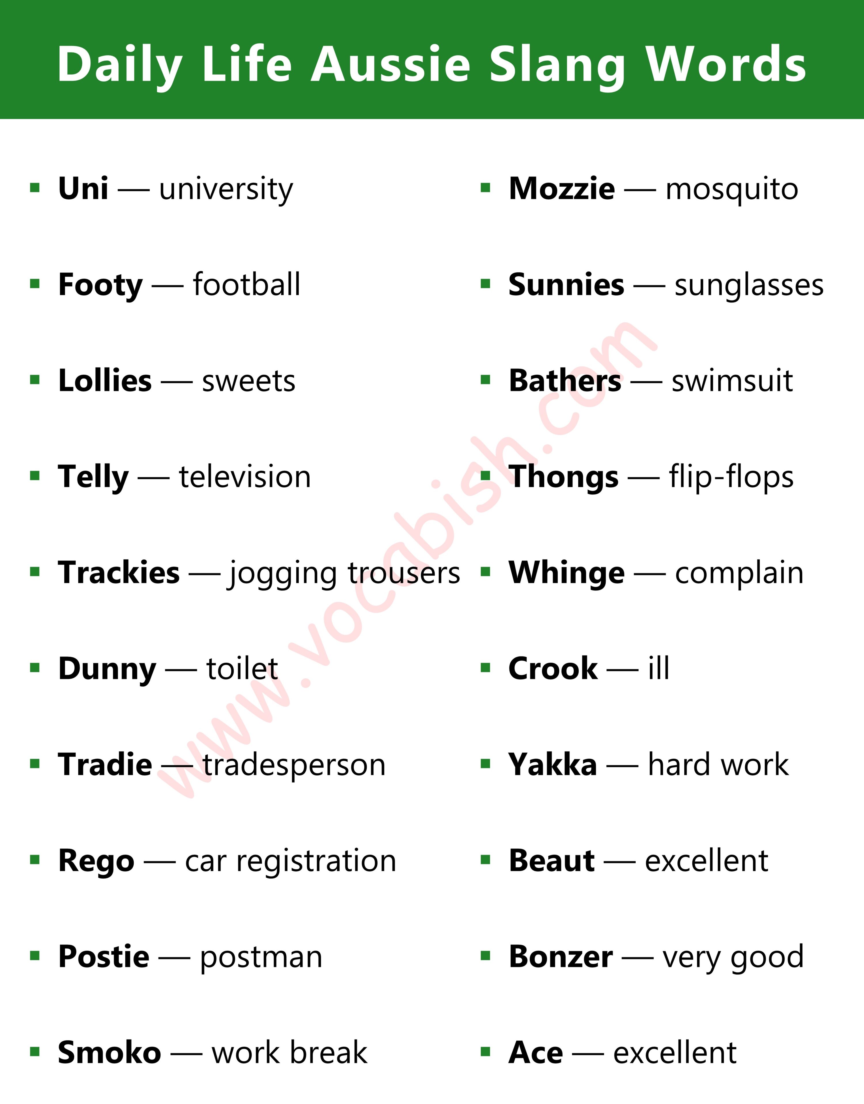 Daily Life Aussie Slang Words and Meanings