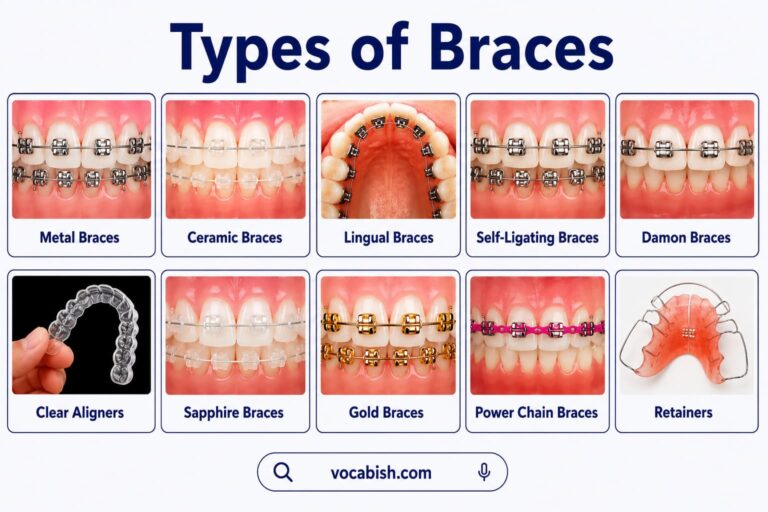 Horizontal infographic showing different types of dental braces including metal braces, ceramic braces, lingual braces, self-ligating braces, Damon braces, clear aligners, sapphire braces, gold braces, power chain braces, and retainers with labelled close-up images and vocabish.com branding on a white background