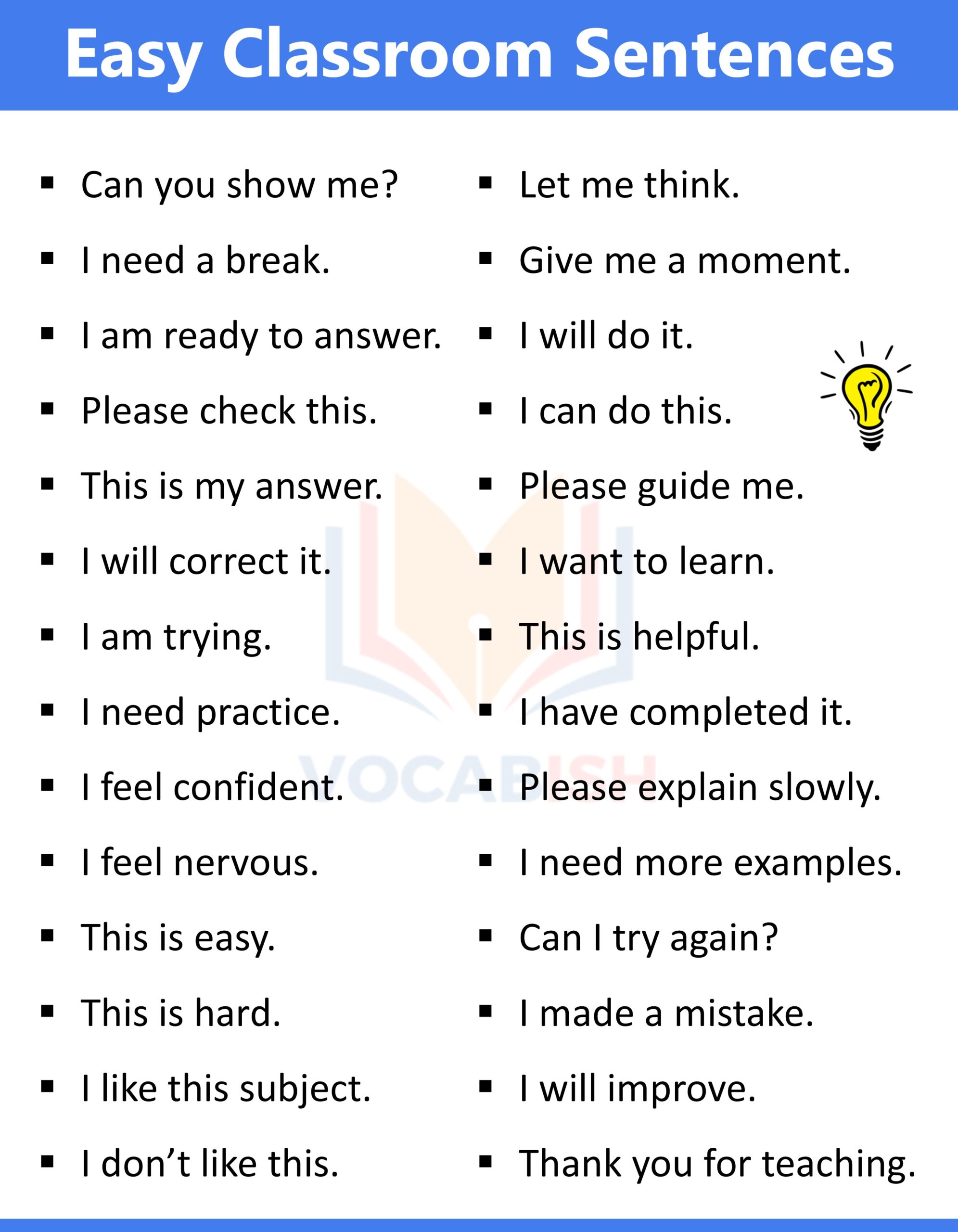 Easy Classroom Sentences for Students
