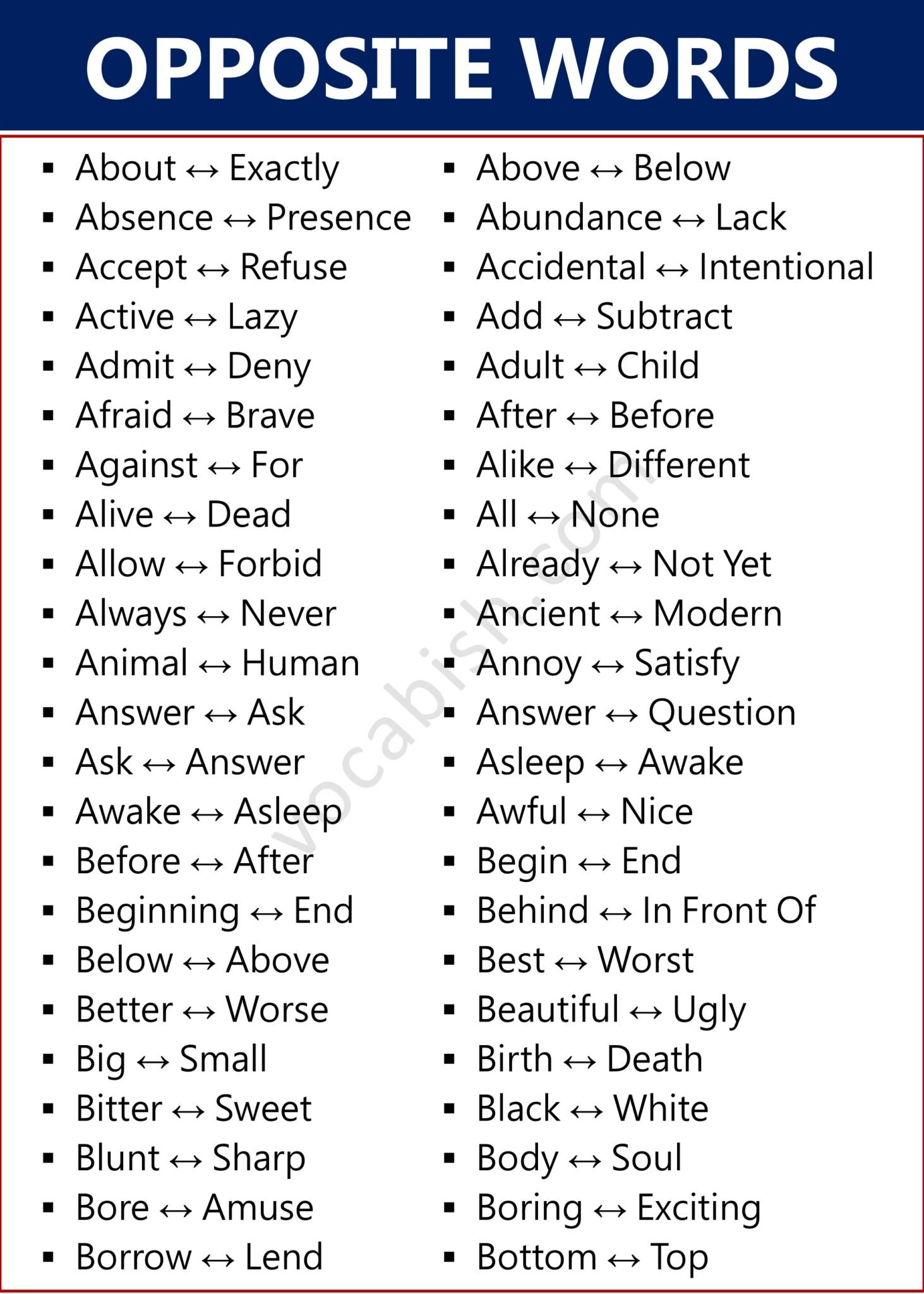 1000 Opposite Words (Antonyms) List with Worksheet PDF | Vocabish