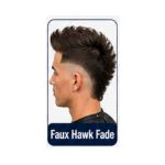 Faux hawk fade haircut with raised centre hair and short faded sides for a sporty look.