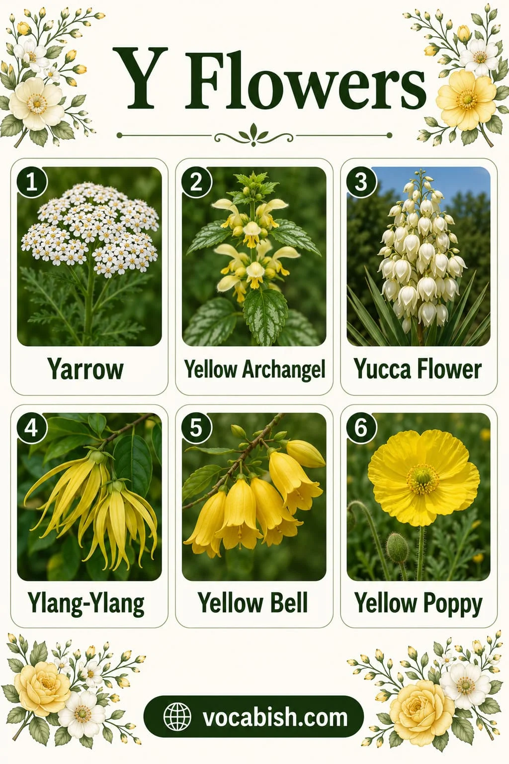 Popular flowers starting with Y including Yarrow, Yellow Archangel, Yucca Flower, Ylang-Ylang, Yellow Bell, and Yellow Poppy