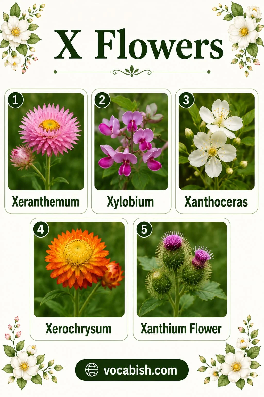 Flower species starting with X including Xeranthemum, Xylobium, Xanthoceras, Xerochrysum, and Xanthium Flower