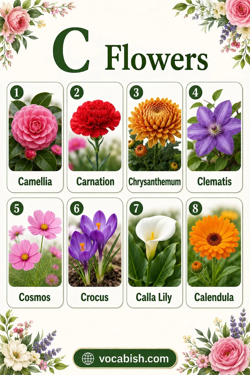 Common flowers starting with C including Camellia, Carnation, Chrysanthemum, Clematis, Cosmos, Crocus, Calla Lily, and Calendula