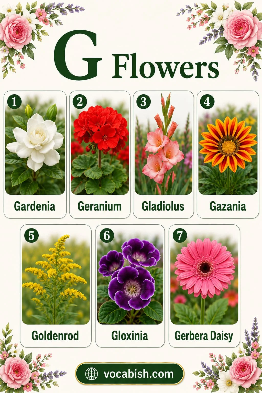 Flower species starting with G including Gardenia, Geranium, Gladiolus, Gazania, Goldenrod, Gloxinia, and Gerbera Daisy