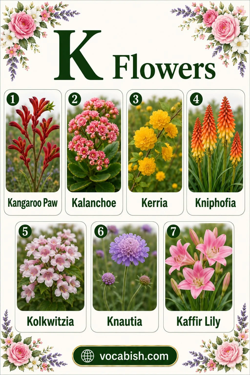 Different types of flowers starting with K including Kangaroo Paw, Kalanchoe, Kerria, Kniphofia, Kolkwitzia, Knautia, and Kaffir Lily