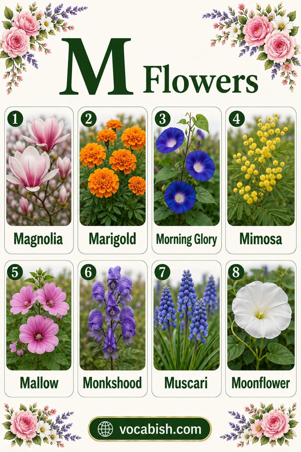 Common flowers starting with M including Magnolia, Marigold, Morning Glory, Mimosa, Mallow, Monkshood, Muscari, and Moonflower
