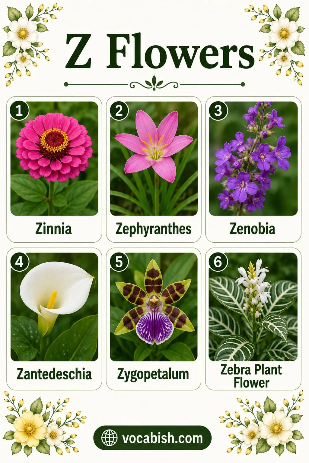 Beautiful flowers starting with Z including Zinnia, Zephyranthes, Zenobia, Zantedeschia, Zygopetalum, and Zebra Plant Flower