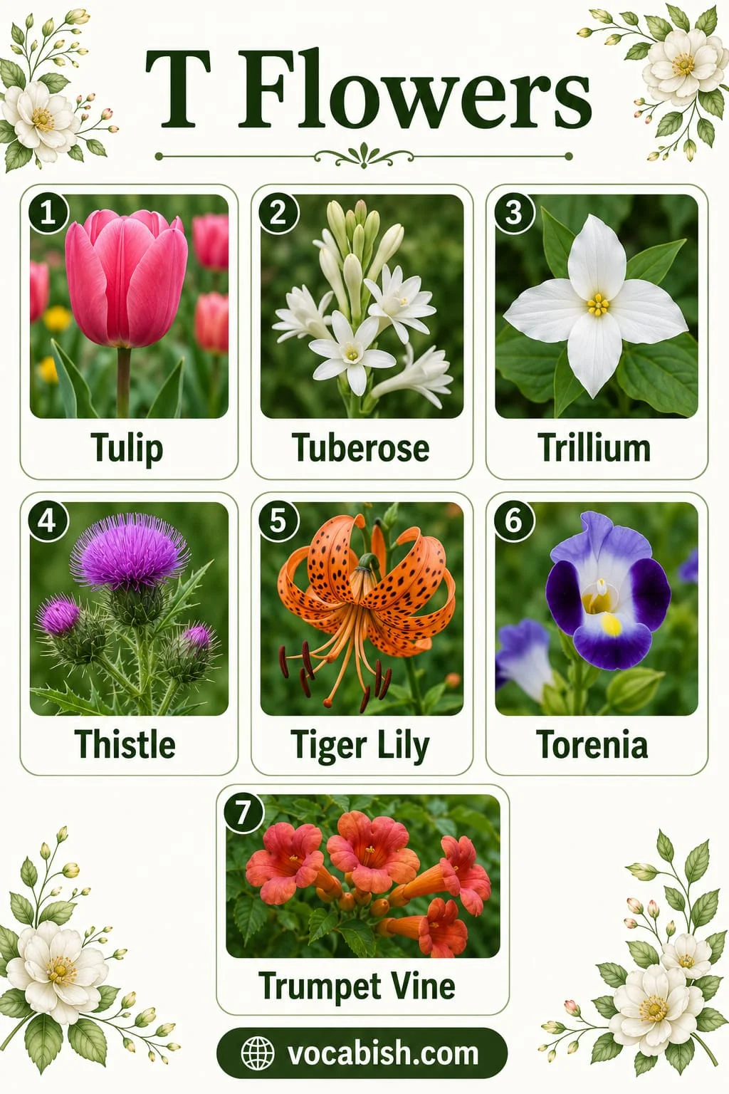 Beautiful flowers starting with T including Tulip, Tuberose, Trillium, Thistle, Tiger Lily, Torenia, and Trumpet Vine