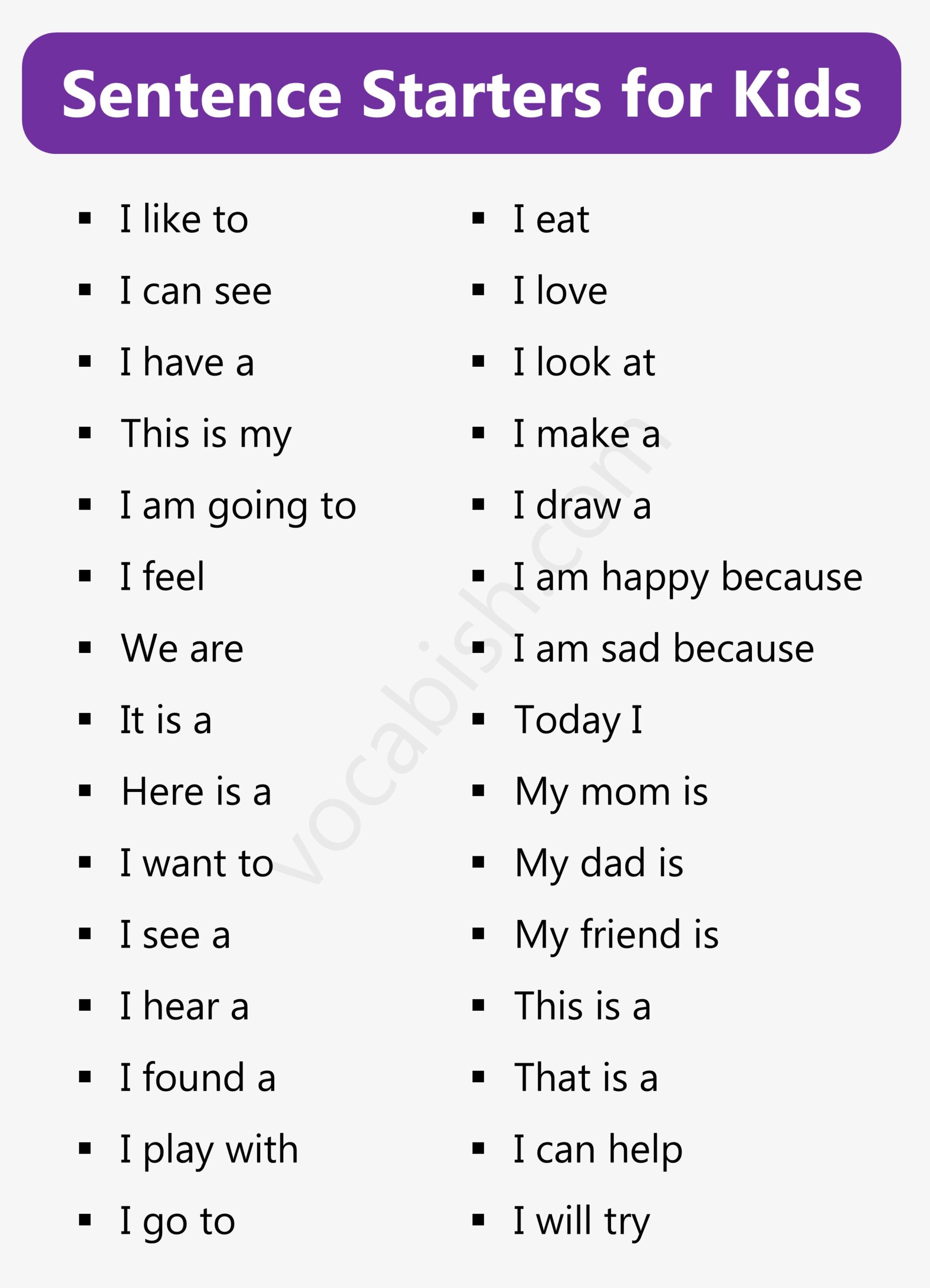 Grad 1 to 3 Sentence Starter Examples