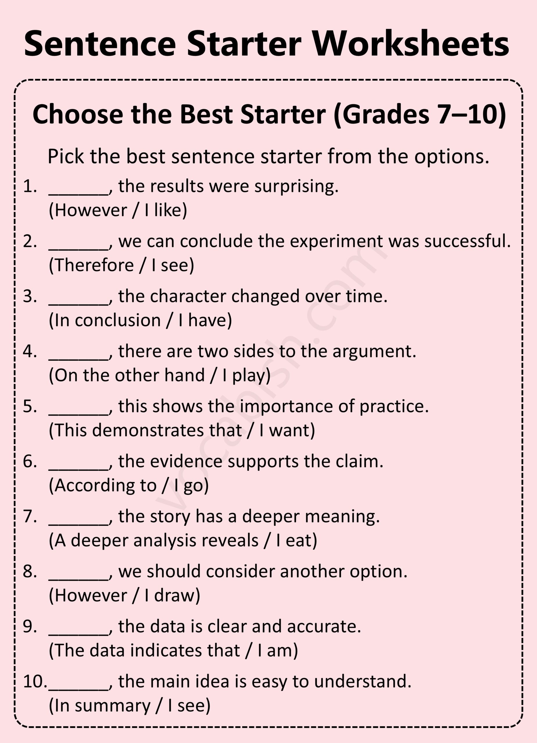 Grade 1 to 10 Sentence Starter Worksheets