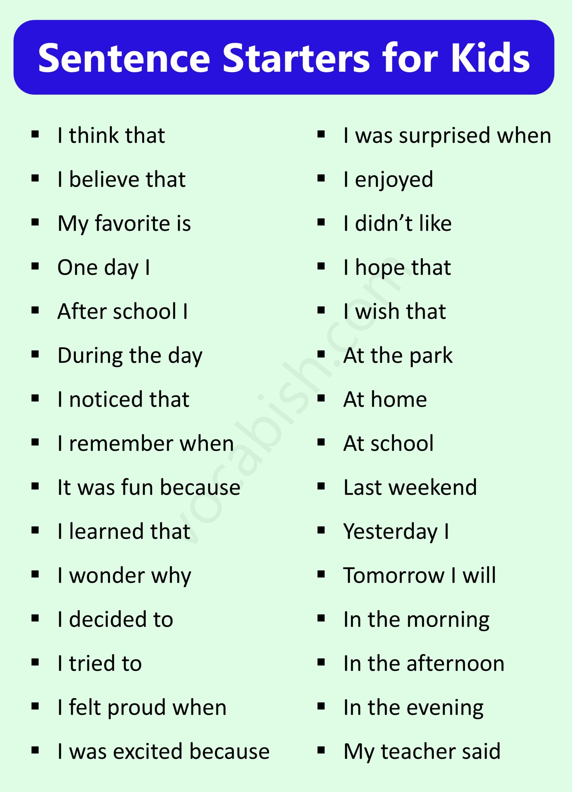 Grade 4 to 6 Sentence Starter Examples for Kids