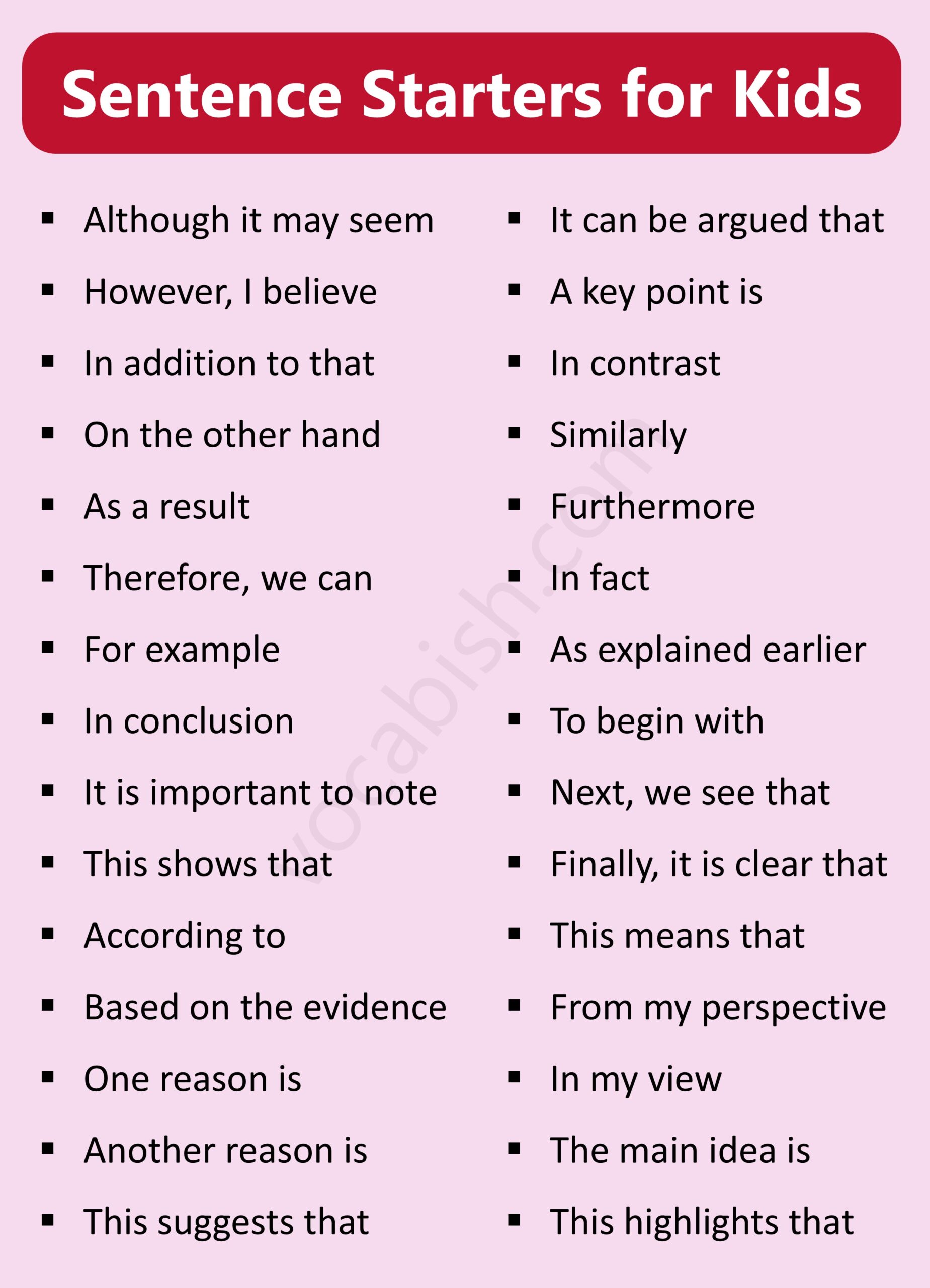Grade 7 to 10 Sentence Starter Examples