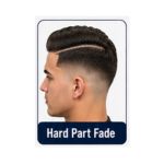 Hard part fade haircut with a shaved side part line and clean faded sides.