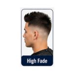High fade haircut with sharply faded sides starting high above the temples and thick styled hair on top.