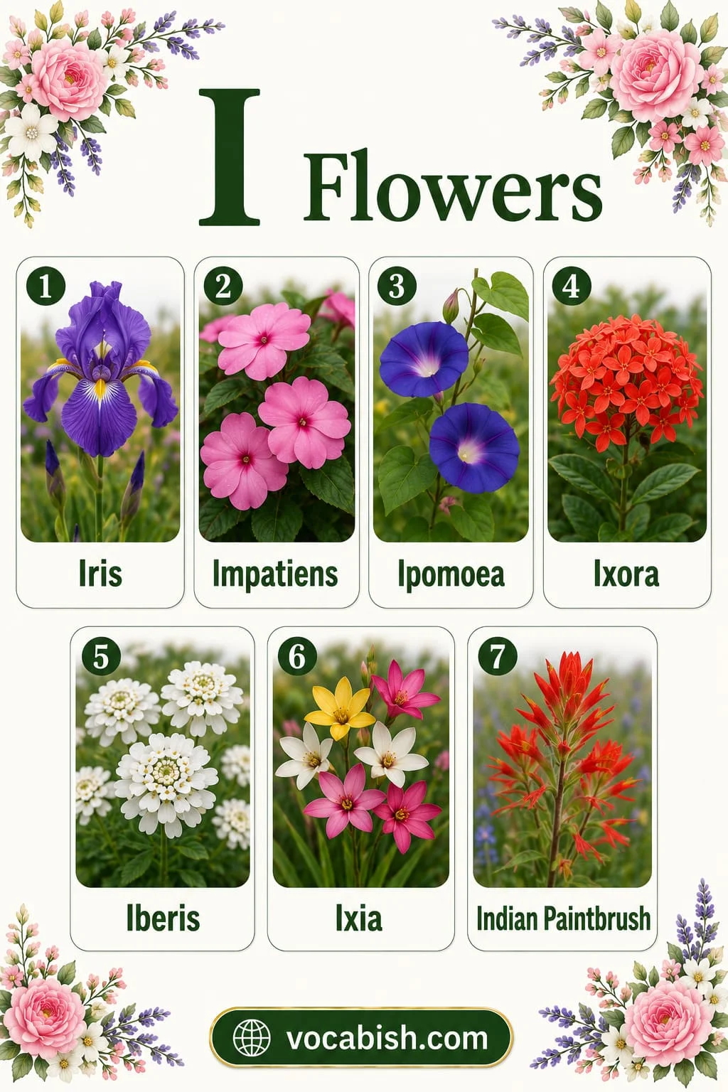 Flower names A to Z featuring flowers that start with I including Iris, Impatiens, Ipomoea, Ixora, Iberis, Ixia, and Indian Paintbrush