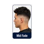Man showing a mid fade haircut with smooth blending around the middle of the head and styled hair on top.