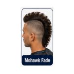 Mohawk fade hairstyle featuring a strip of longer hair in the centre and faded sides.