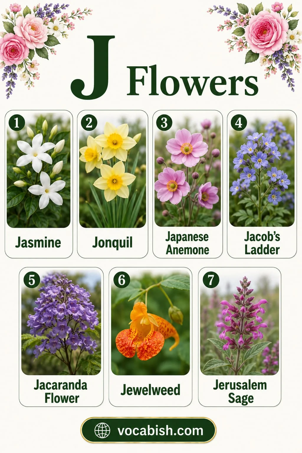 Beautiful flowers starting with J including Jasmine, Jonquil, Japanese Anemone, Jacob’s Ladder, Jacaranda Flower, Jewelweed, and Jerusalem Sage