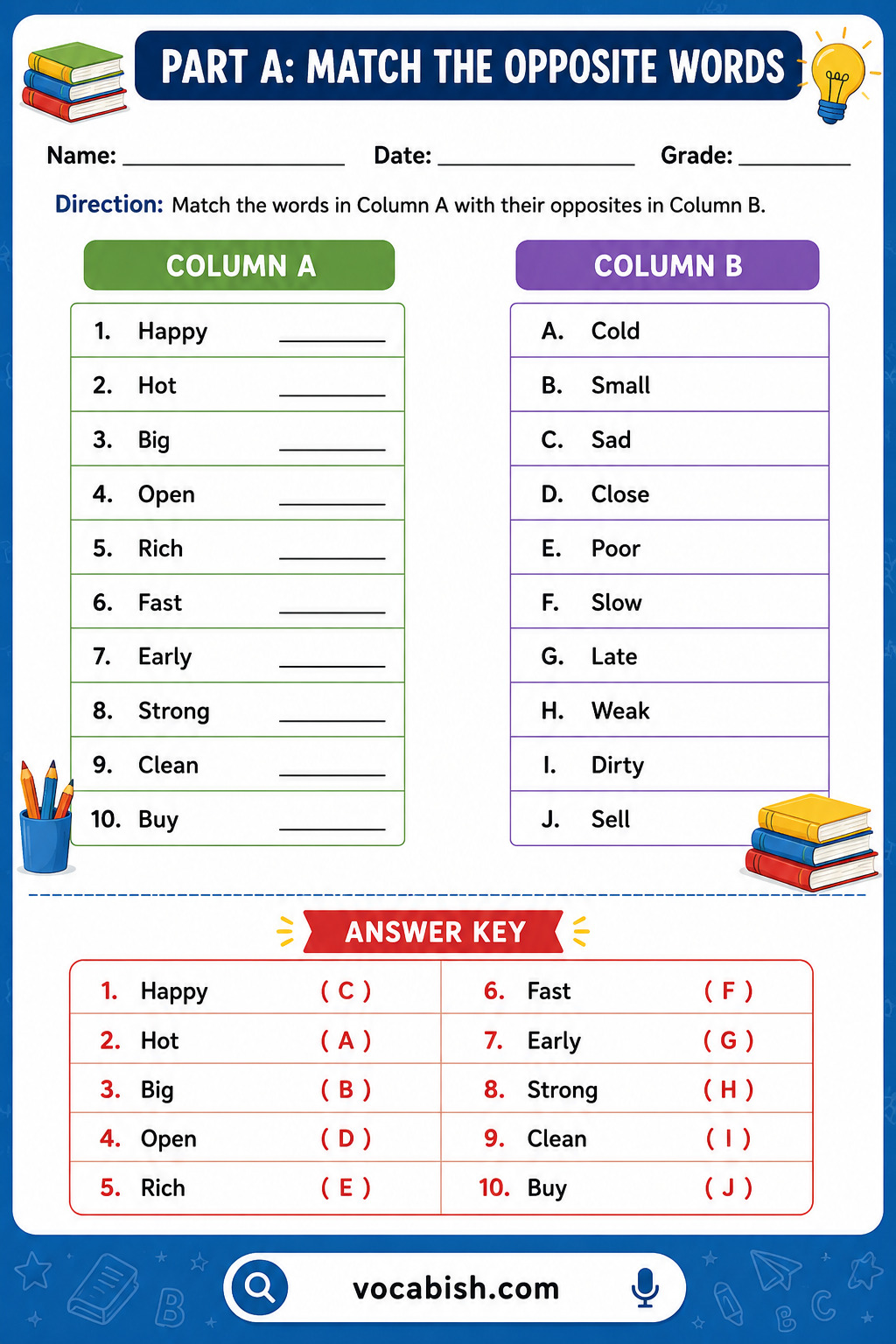 Opposite Words Matching Worksheet