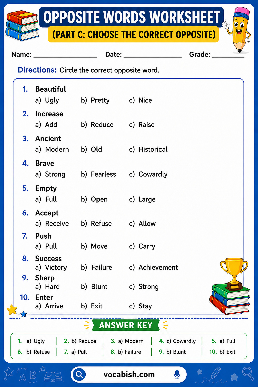 Opposite Words Quiz Worksheet