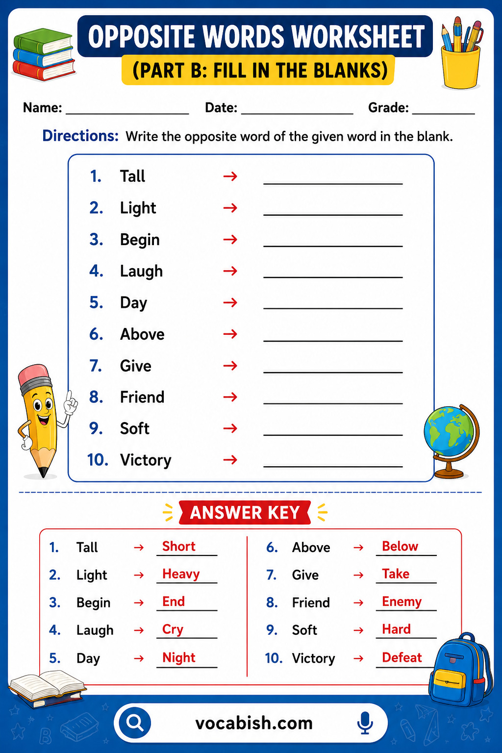 Opposite Words Worksheet for Kids