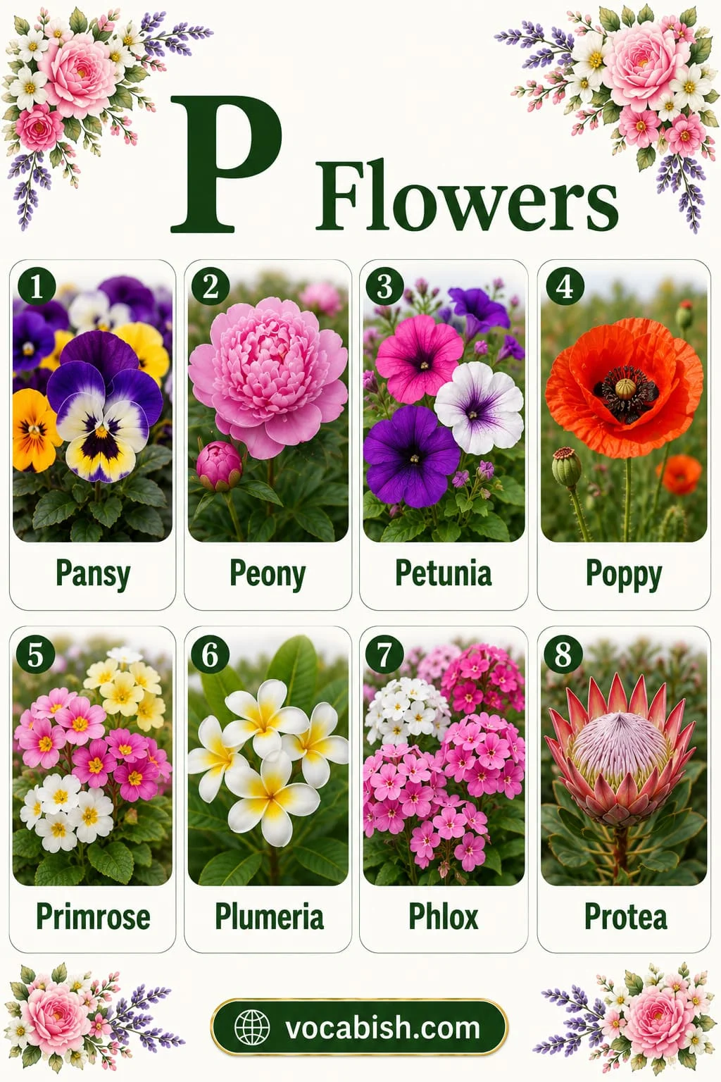 Flower list featuring flowers that start with P including Pansy, Peony, Petunia, Poppy, Primrose, Plumeria, Phlox, and Protea