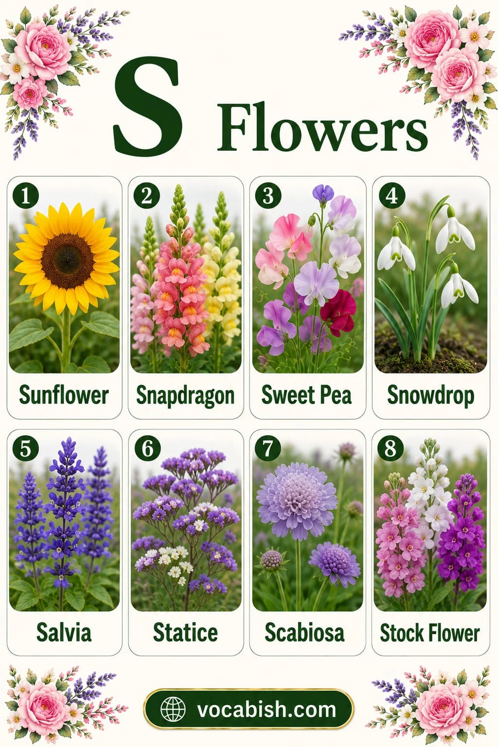 Flower names A to Z featuring flowers that start with S including Sunflower, Snapdragon, Sweet Pea, Snowdrop, Salvia, Statice, Scabiosa, and Stock Flower