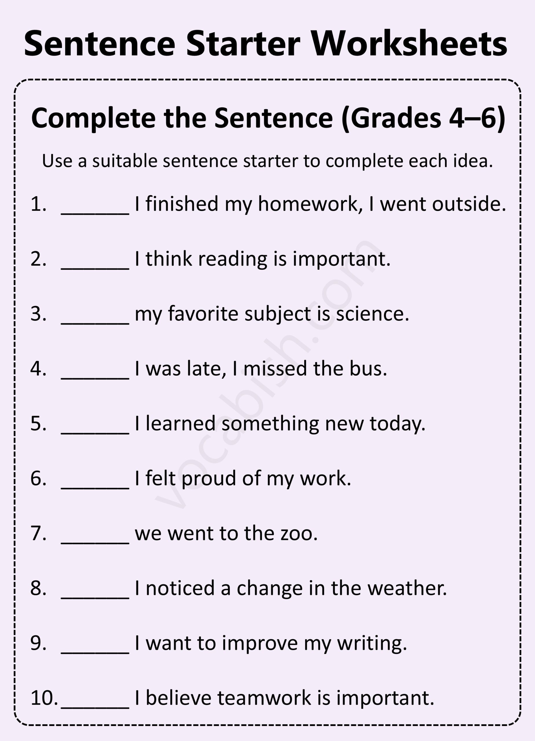Sentence Starter Worksheets for Kids with Answers