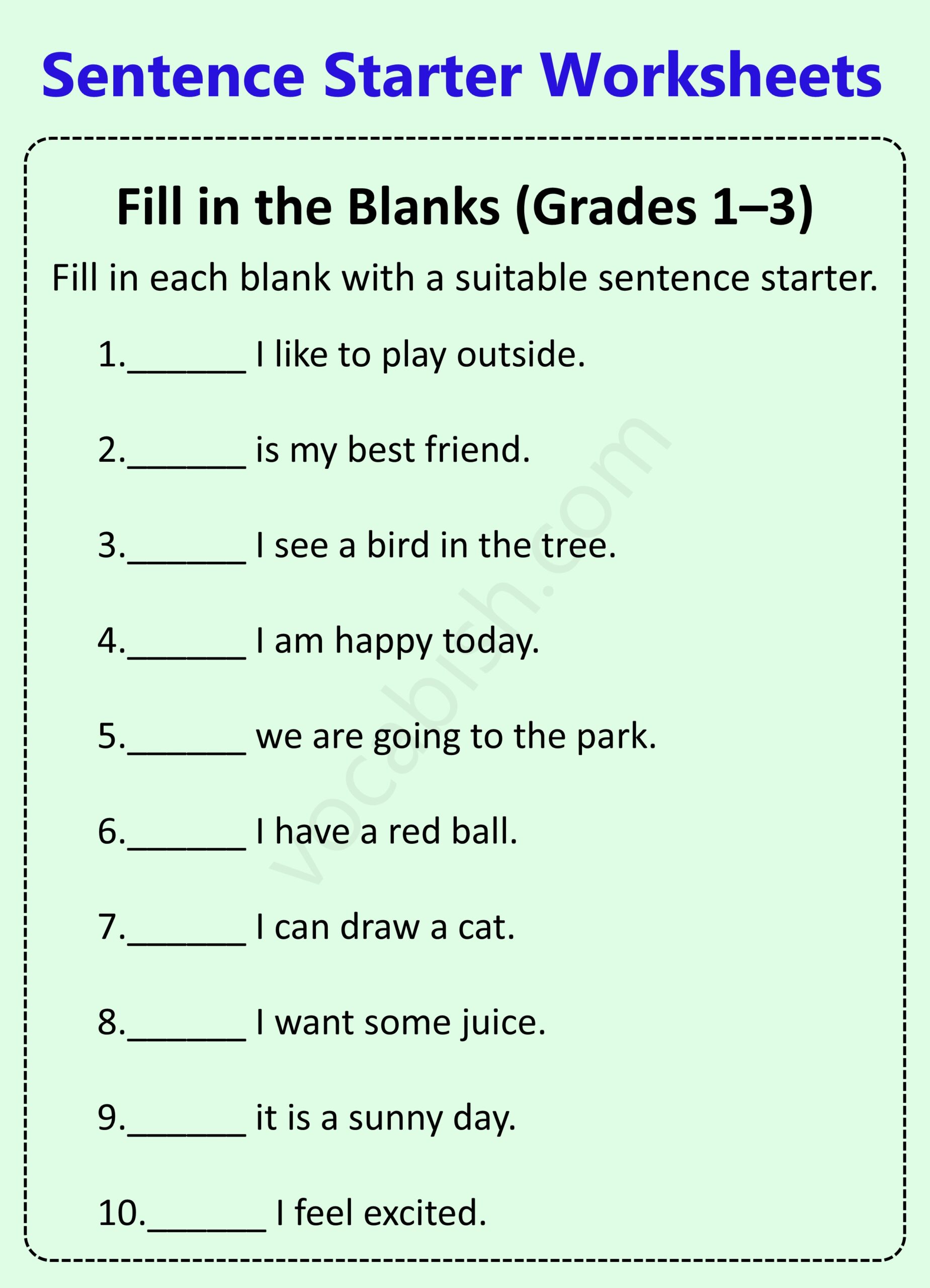 Sentence Starter Worksheets with Answers